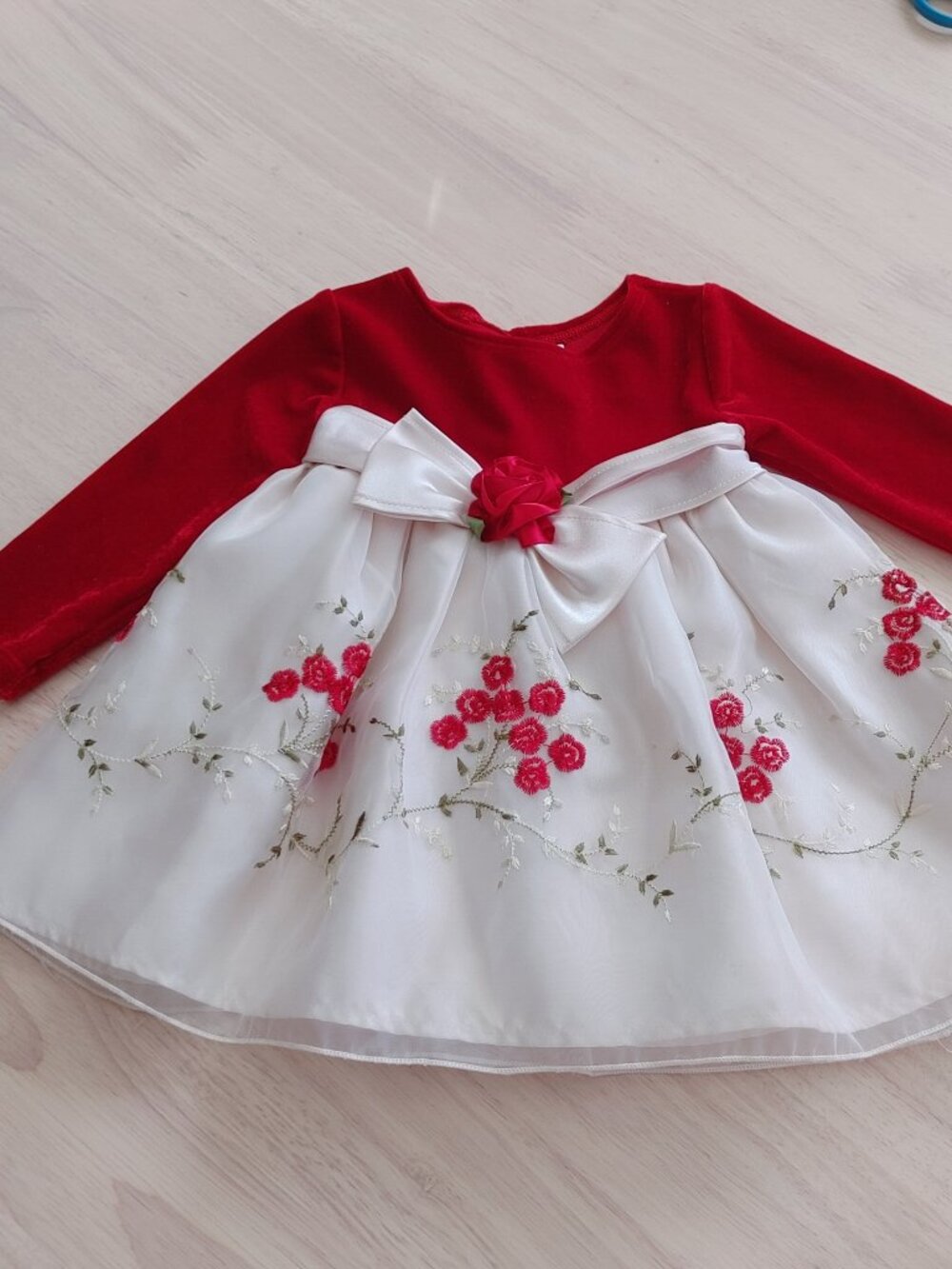 Vtg Youngland Christmas Dress Sz 12 Months Red Velvet Embroidered Lined